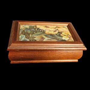 Vintage Wooden Jewelry Box Floral Needlepoint Lid Mirror Lined Compartments